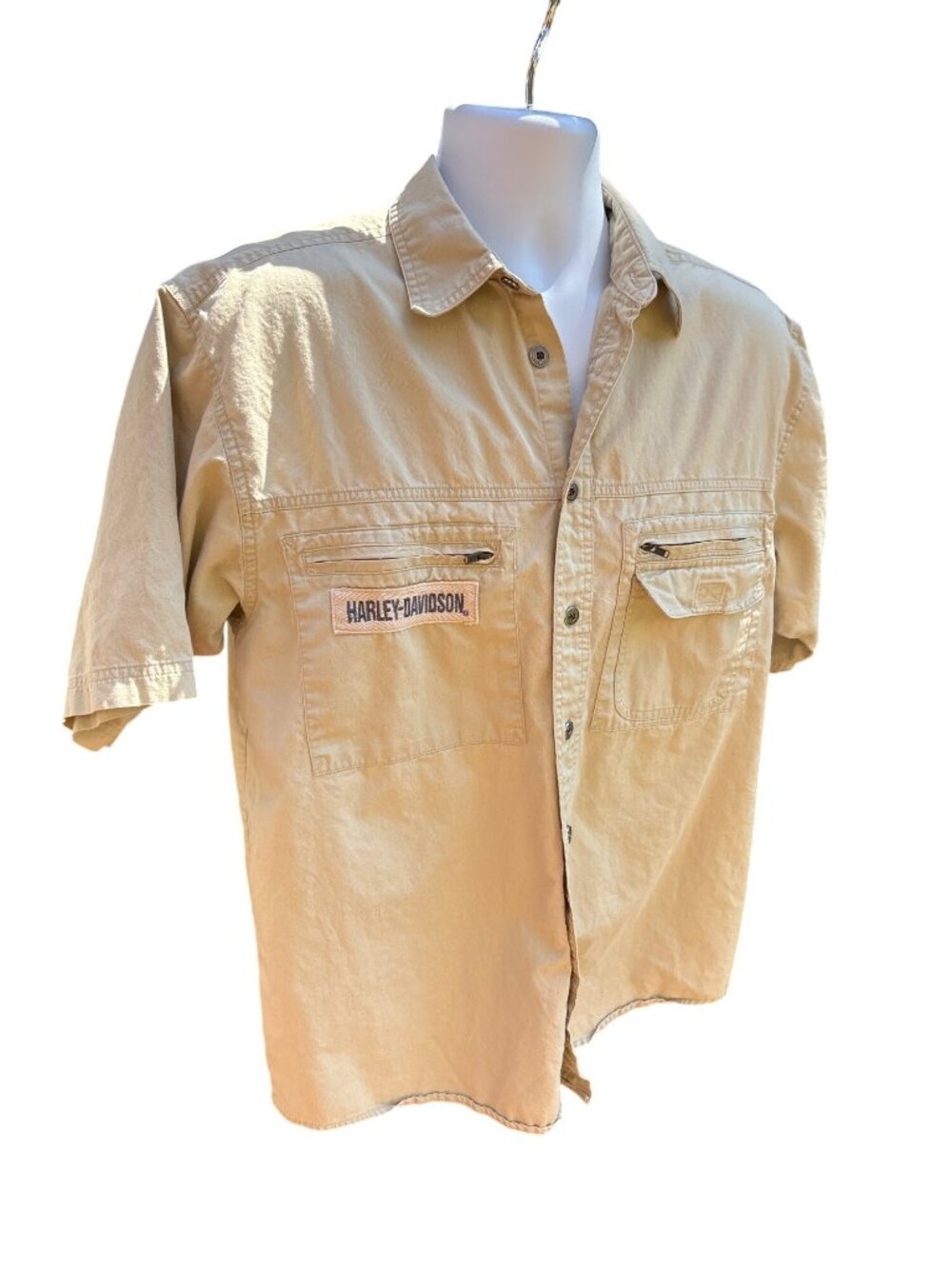 Vintage Harley-Davidson Mens Beige Button-Up Short Sleeve Shirt M 100% Cotton